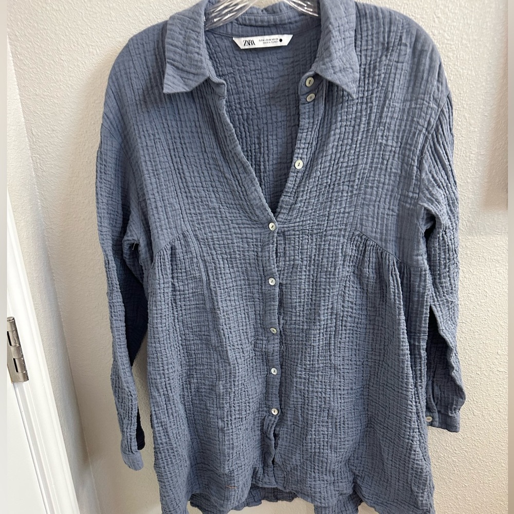 Short crinkle cotton button up dress